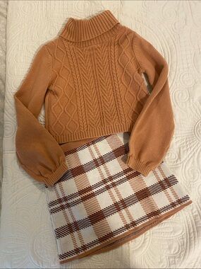 Tahari Camel Knit Turtleneck Sweater and Plaid Skirt Set